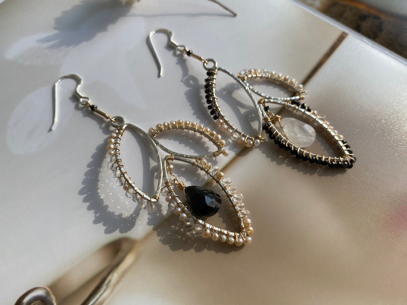 Black Onyx and Moonstone Teardrop Earrings