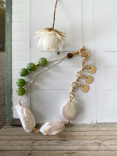 Freshwater Pearl and Sliding Jade  Bracelet