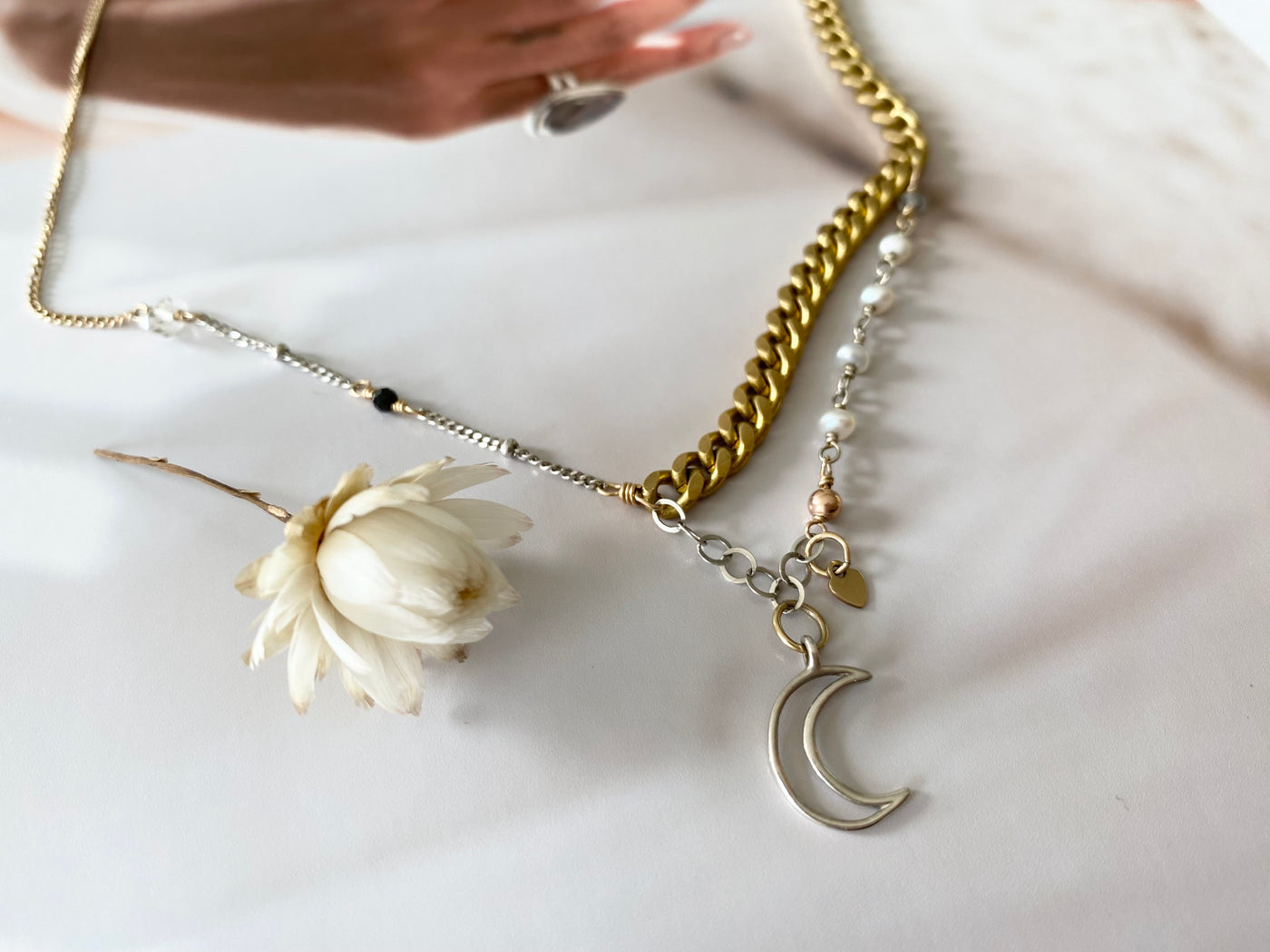 Mixed Metal Moon Drop Necklace