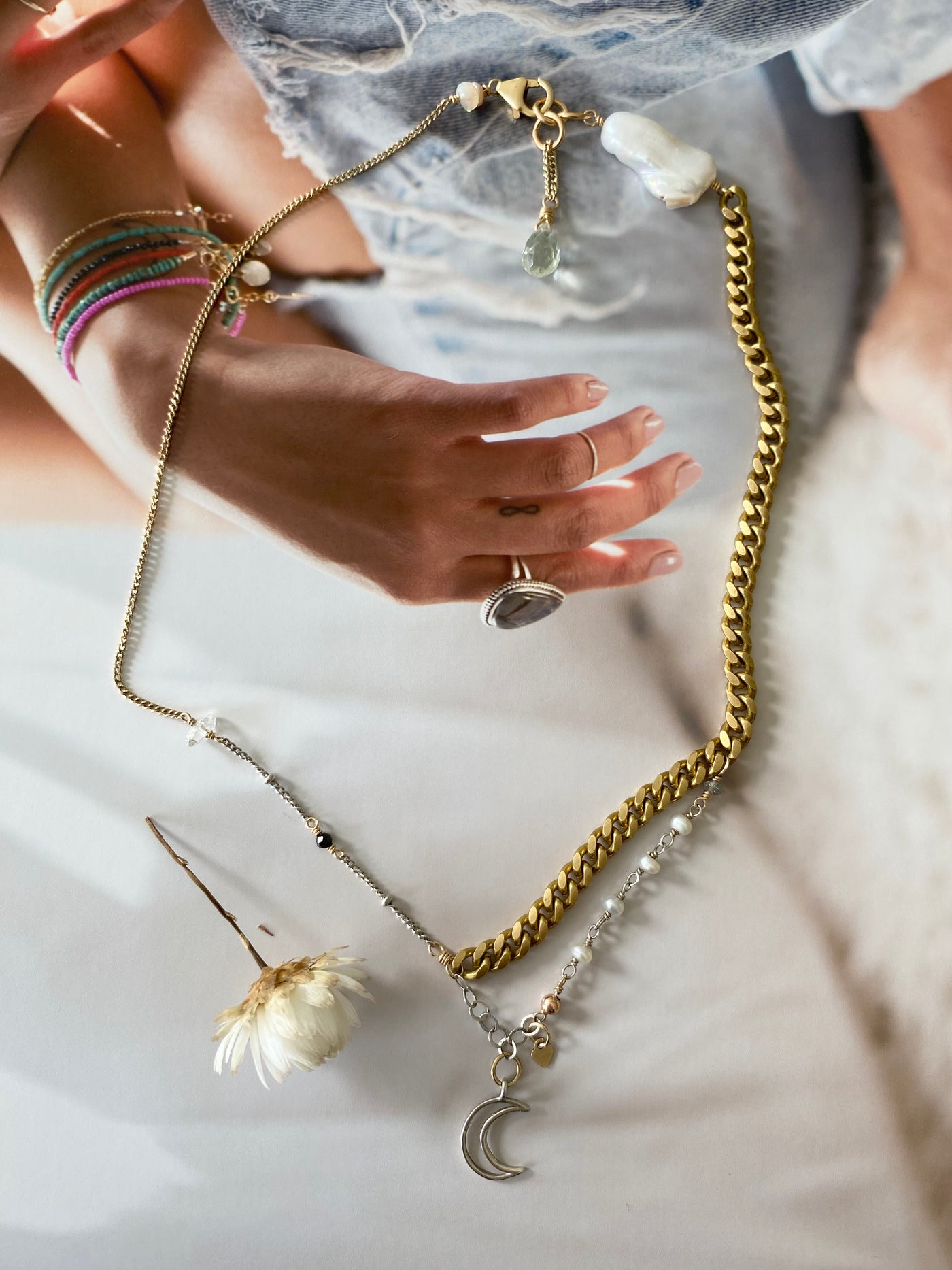 Mixed Metal Moon Drop Necklace