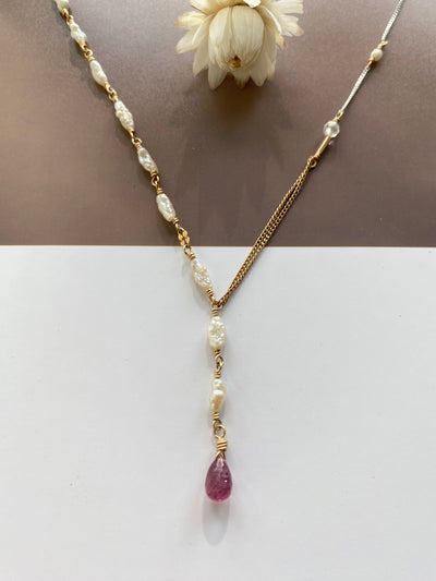 Ruby Teardrop and Pearl Y Necklace