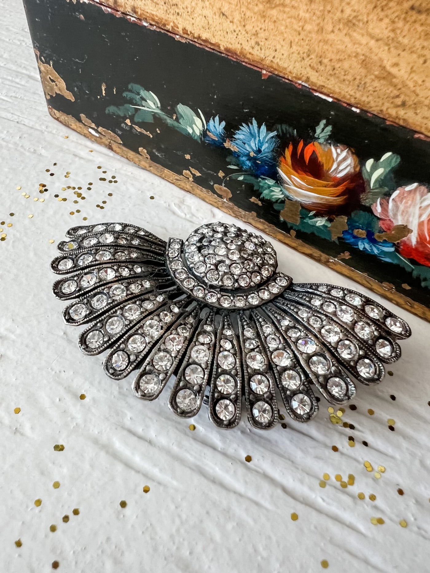 Vintage Fan-Shaped Rhinestone Dress Clip