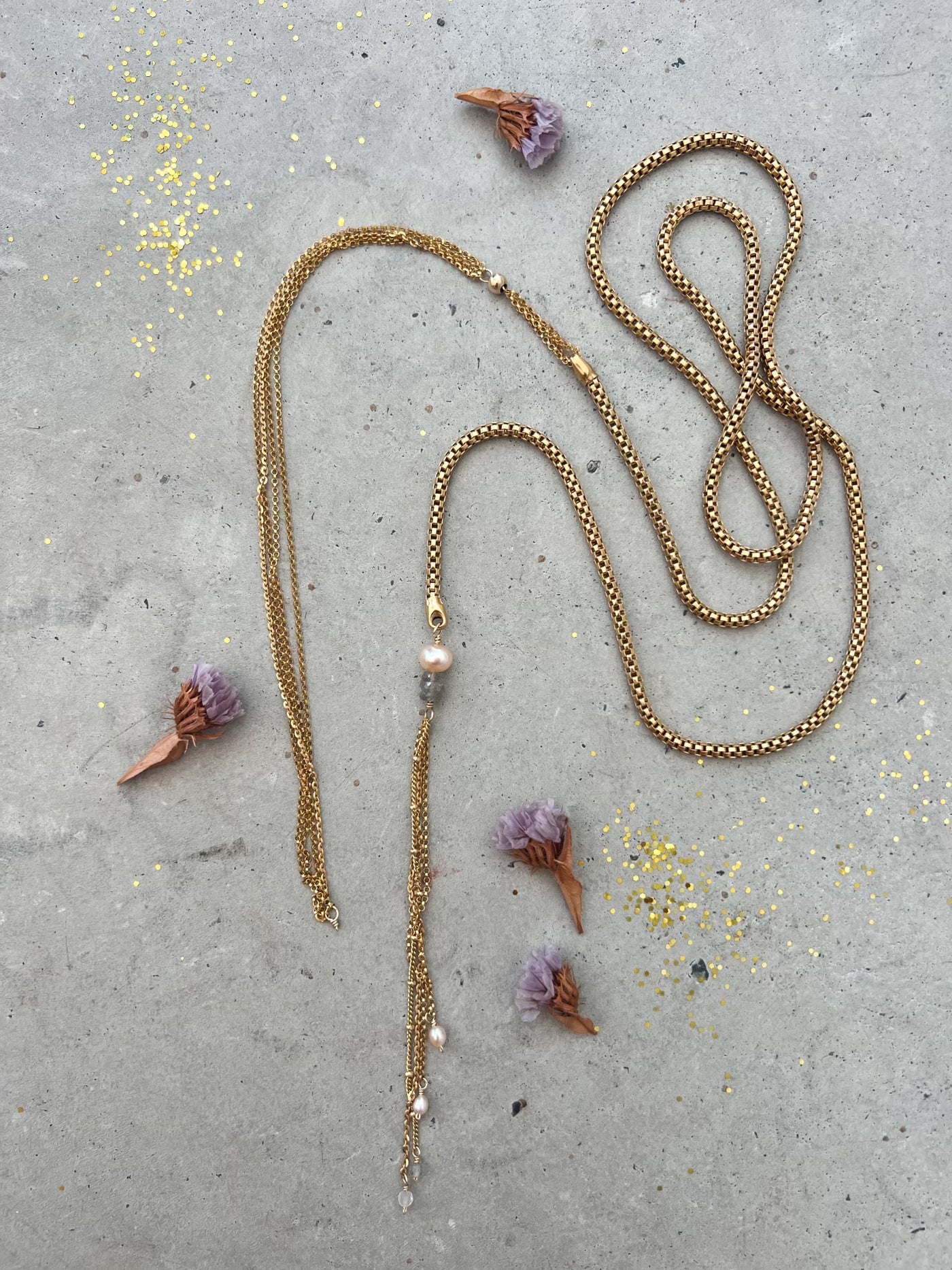 Gold Filled Labradorite and Pearl Lariat Necklace