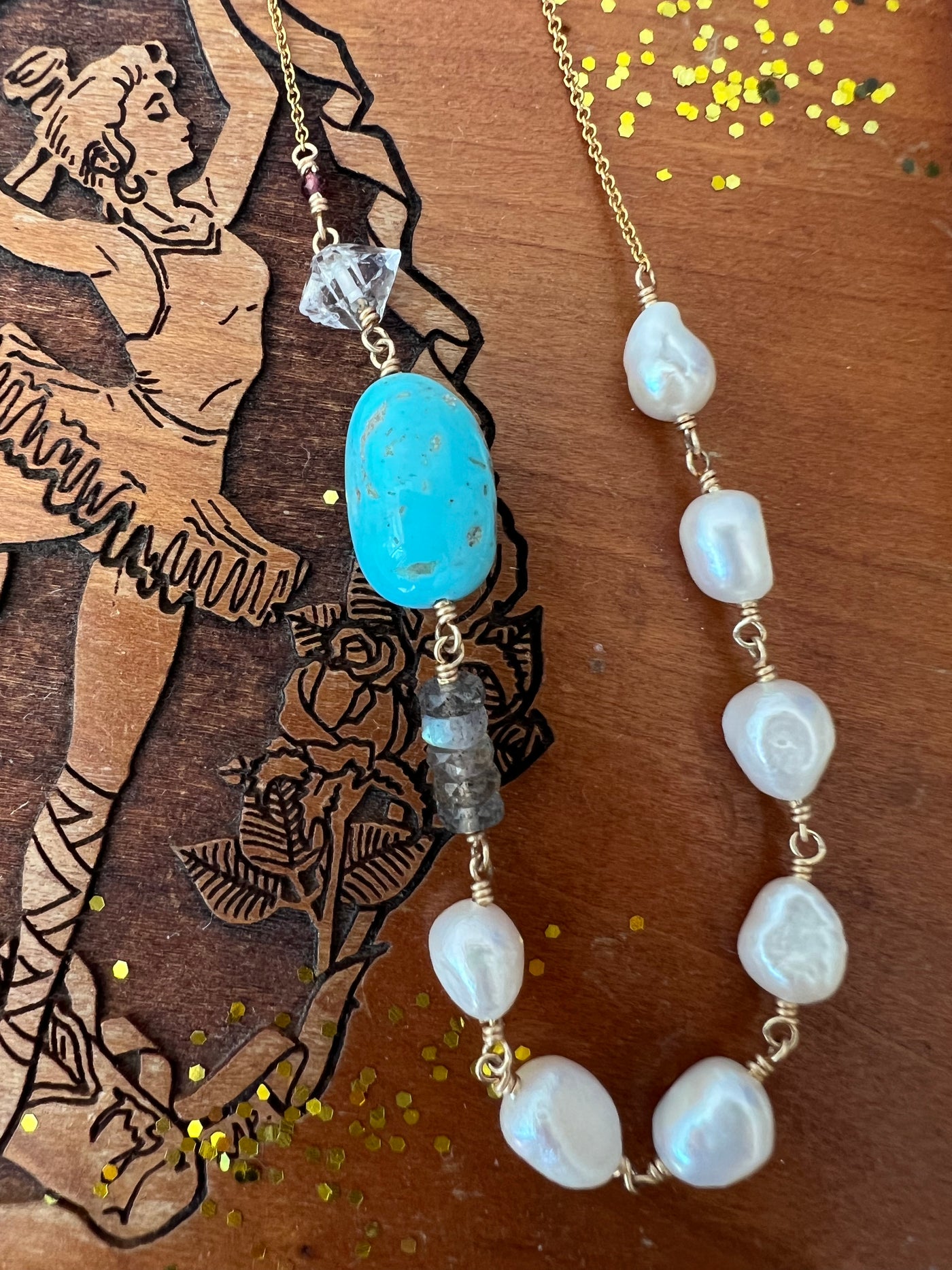 Turquoise and Pearl Long Strand Necklace