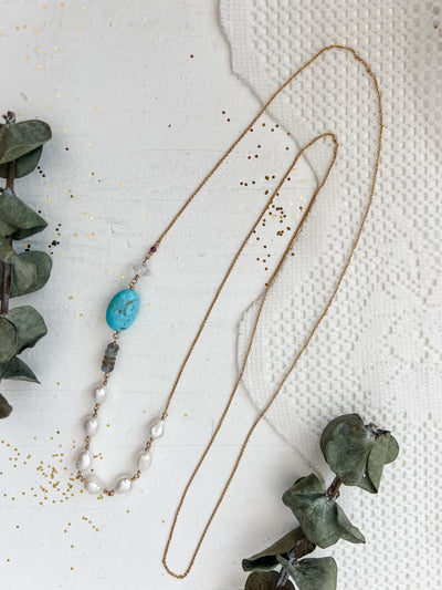 Turquoise and Pearl Long Strand Necklace