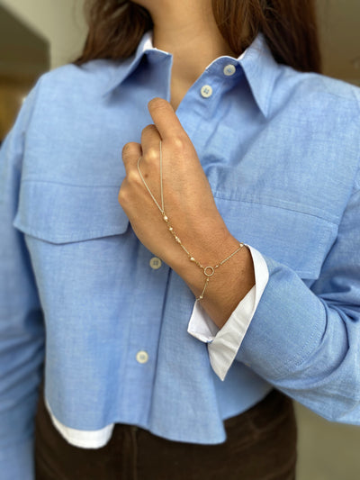 Pearl and Crystal Two-tone Metal Hand Chain