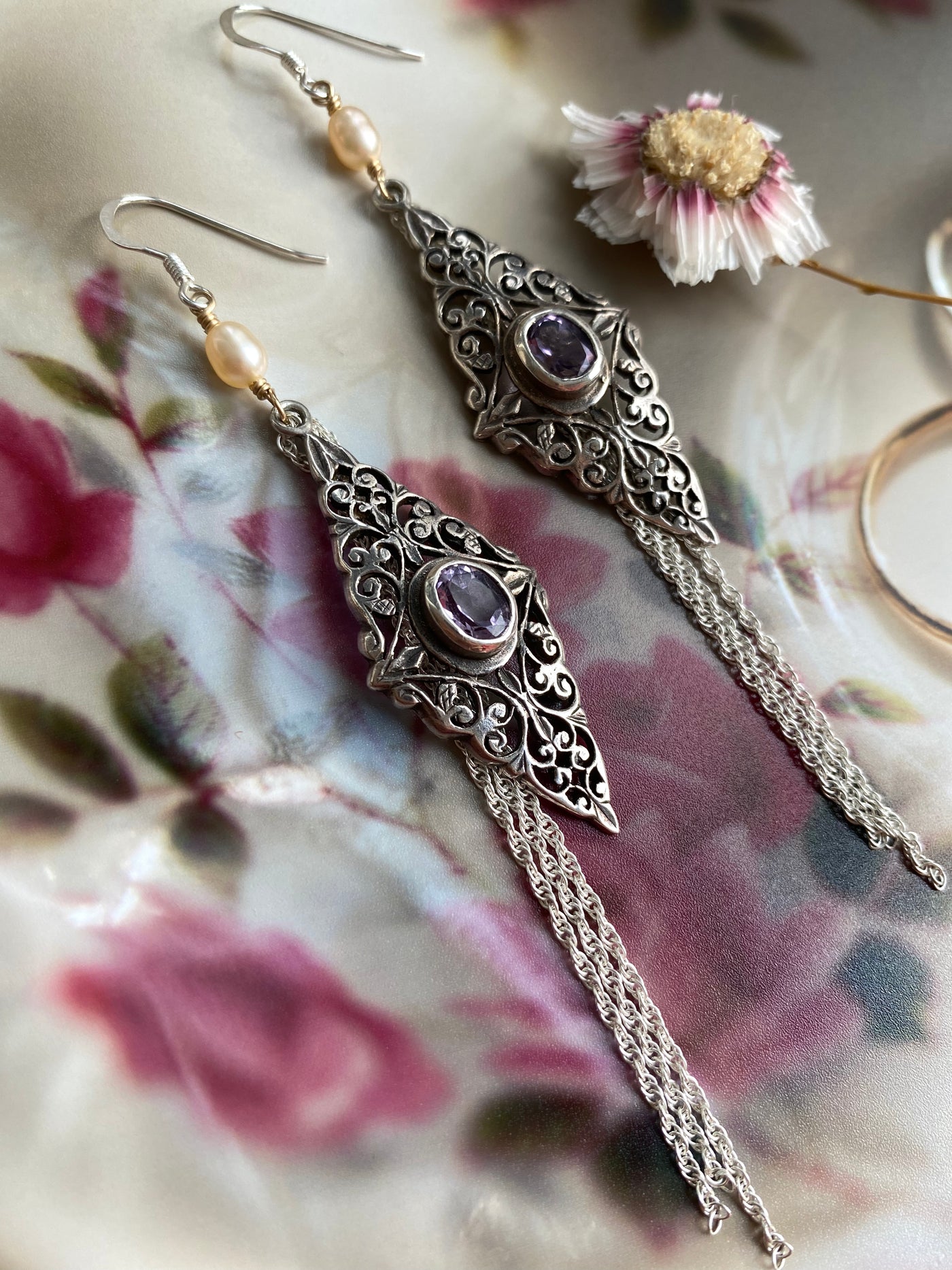 Magic Filigree Amethyst Tassel Earrings