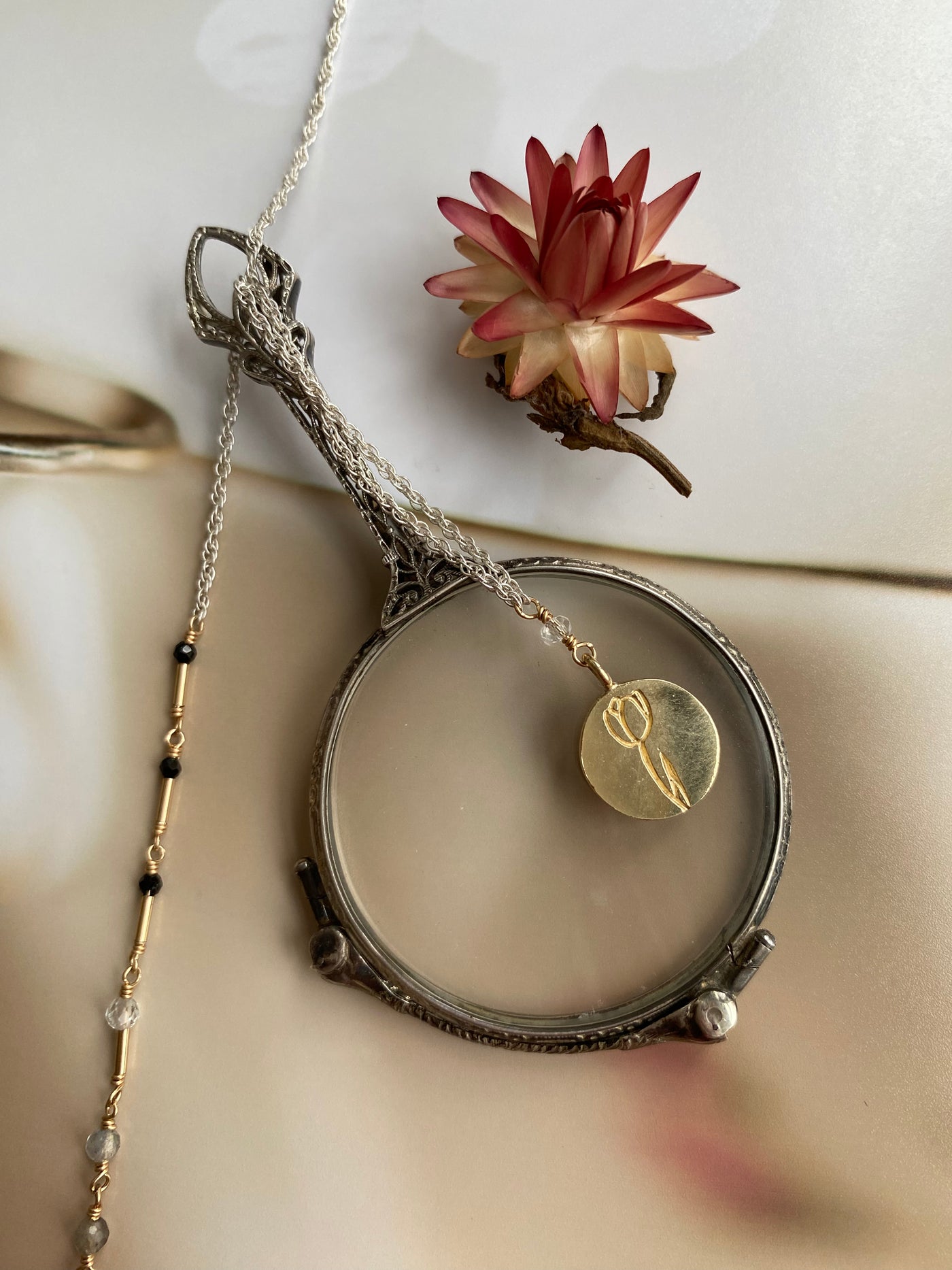 Magnifying Glass and Tulip Charm Necklace