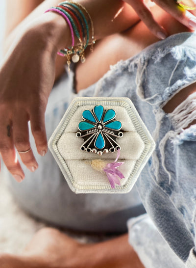 Vintage Sterling Silver Turquoise Flower Ring