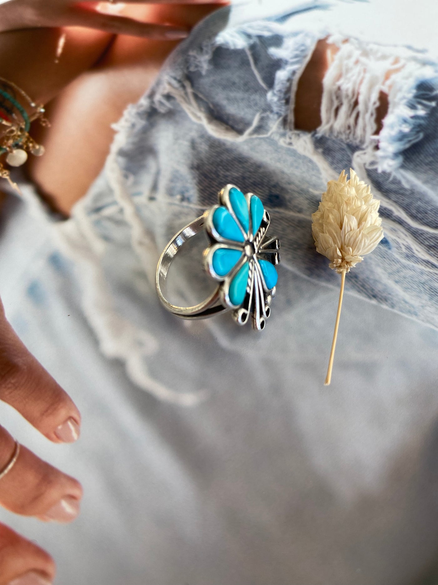 Vintage Sterling Silver Turquoise Flower Ring