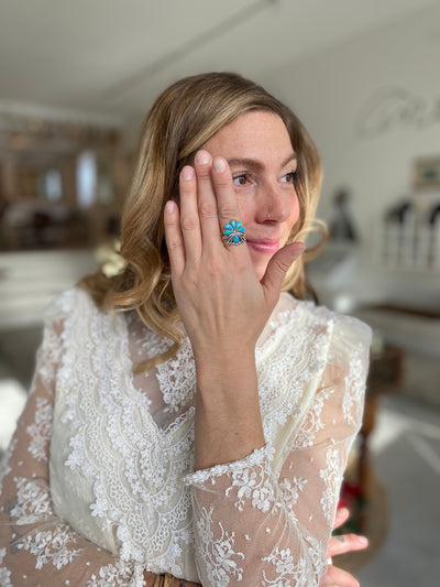 Vintage Sterling Silver Turquoise Flower Ring