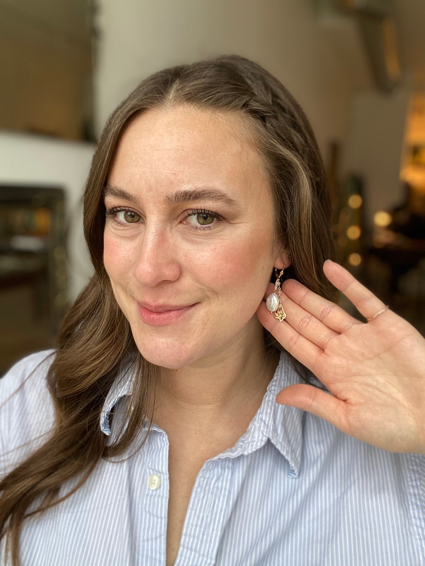 Pearl and Gold Floral Pendant Earrings