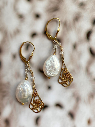 Pearl and Gold Floral Pendant Earrings