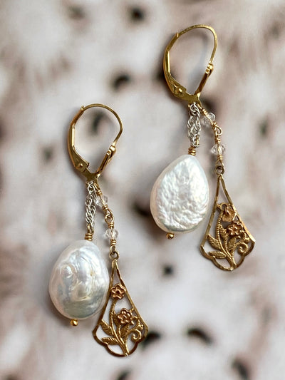 Pearl and Gold Floral Pendant Earrings