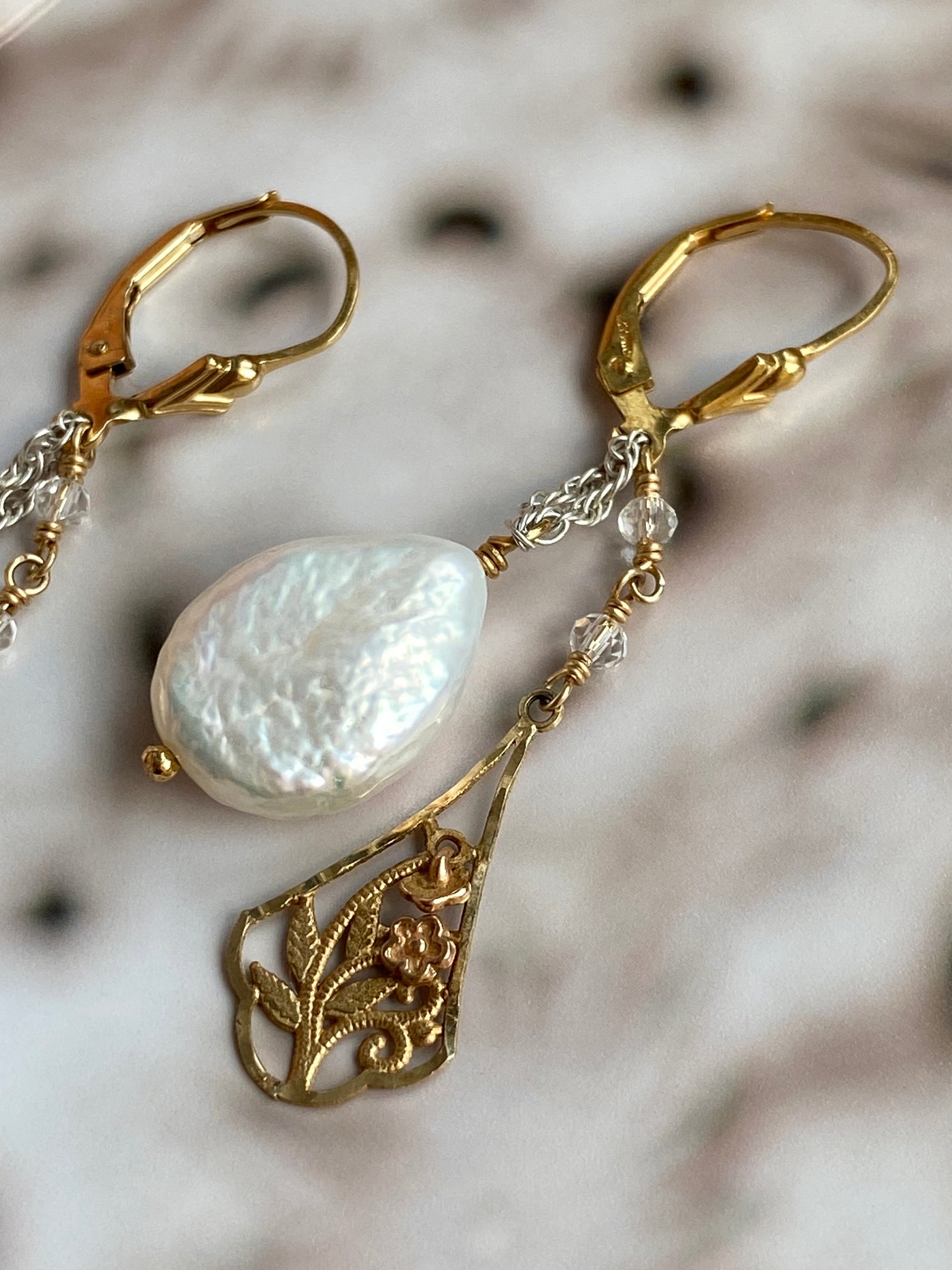 Pearl and Gold Floral Pendant Earrings