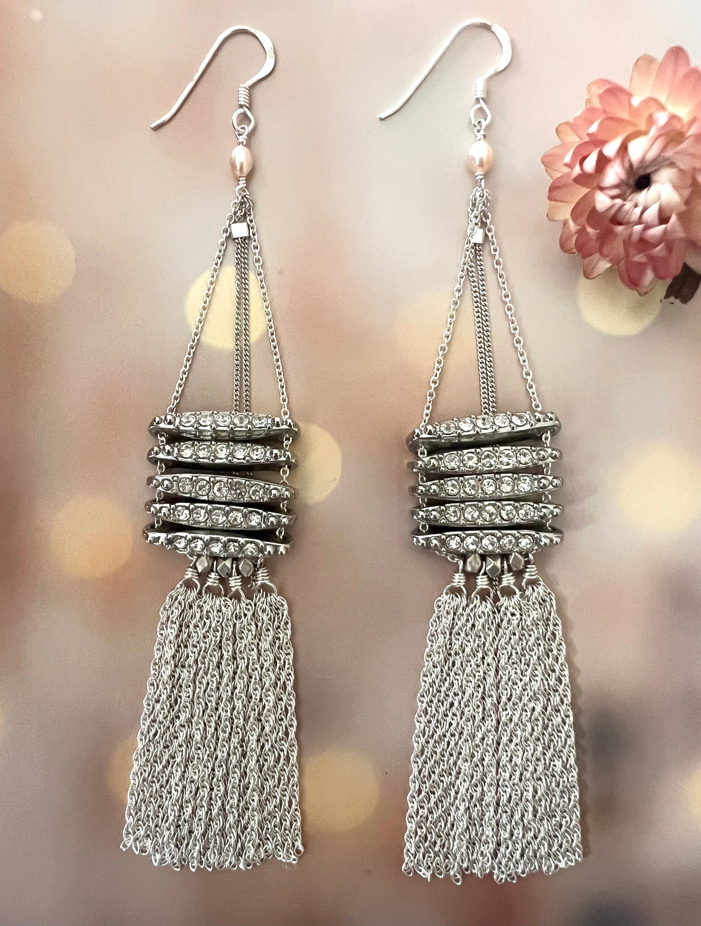 Vintage Rhinestone Tassel Party Earrings