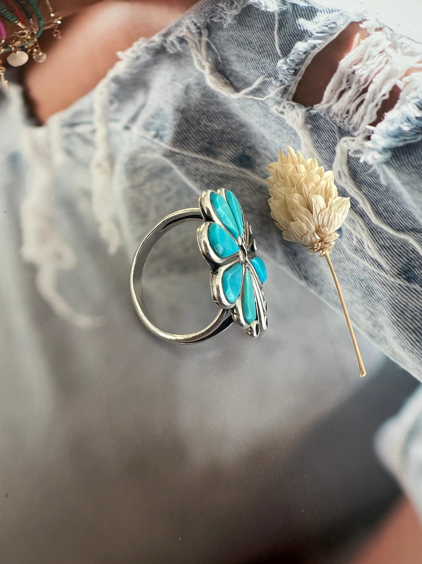 Vintage Sterling Silver Turquoise Flower Ring