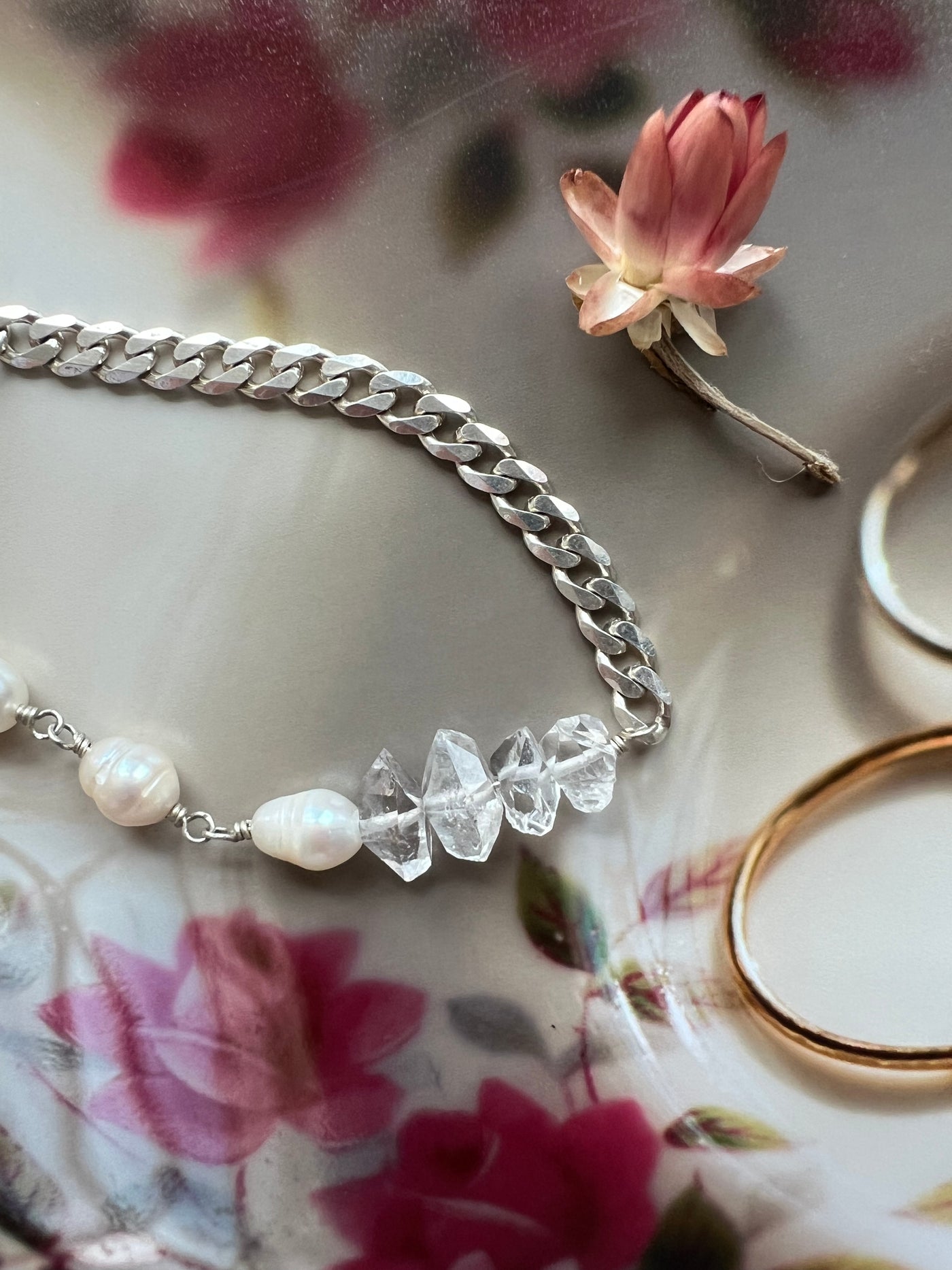 Herkimer and Pearl Silver Bracelet