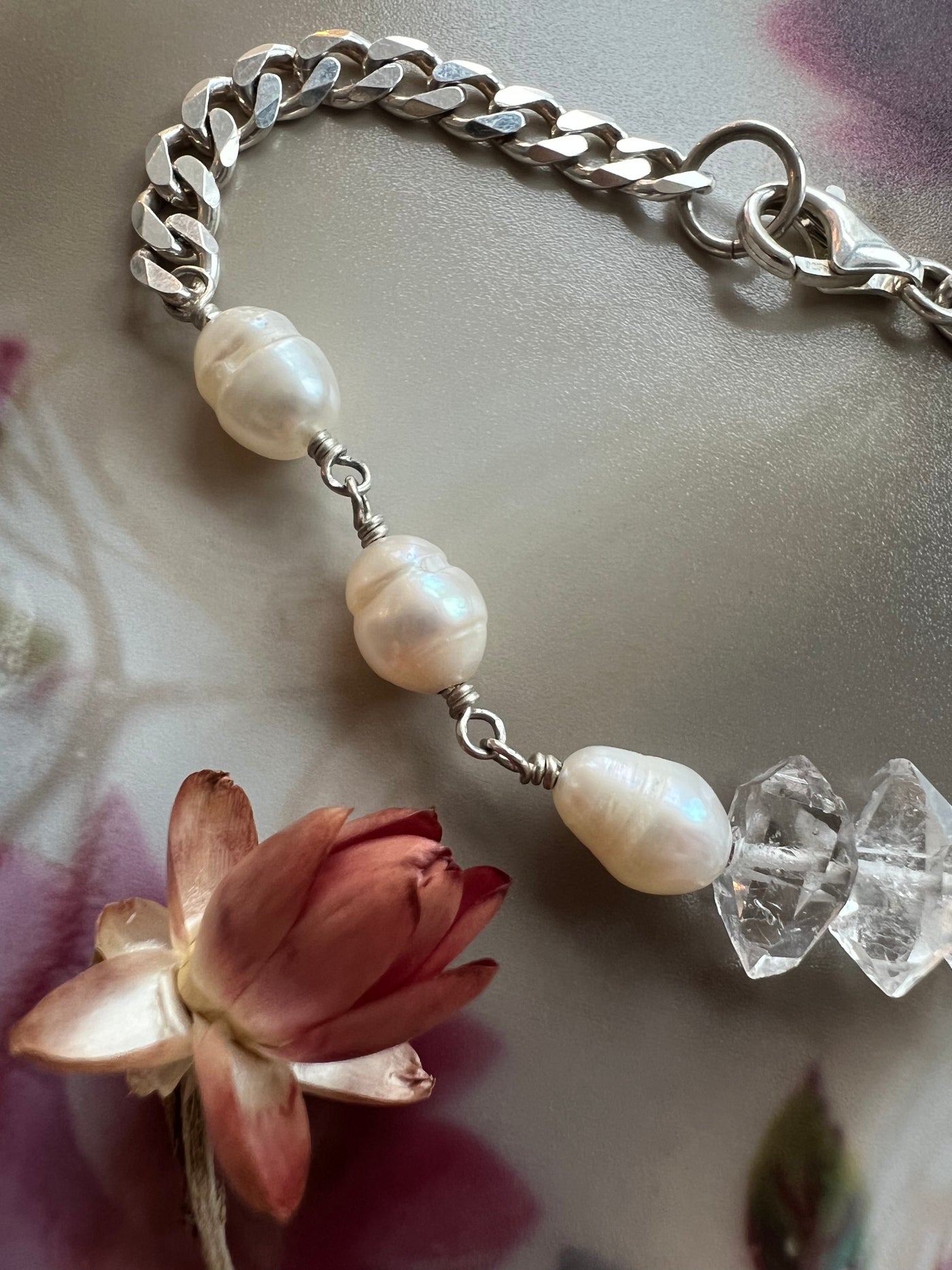 Herkimer and Pearl Silver Bracelet