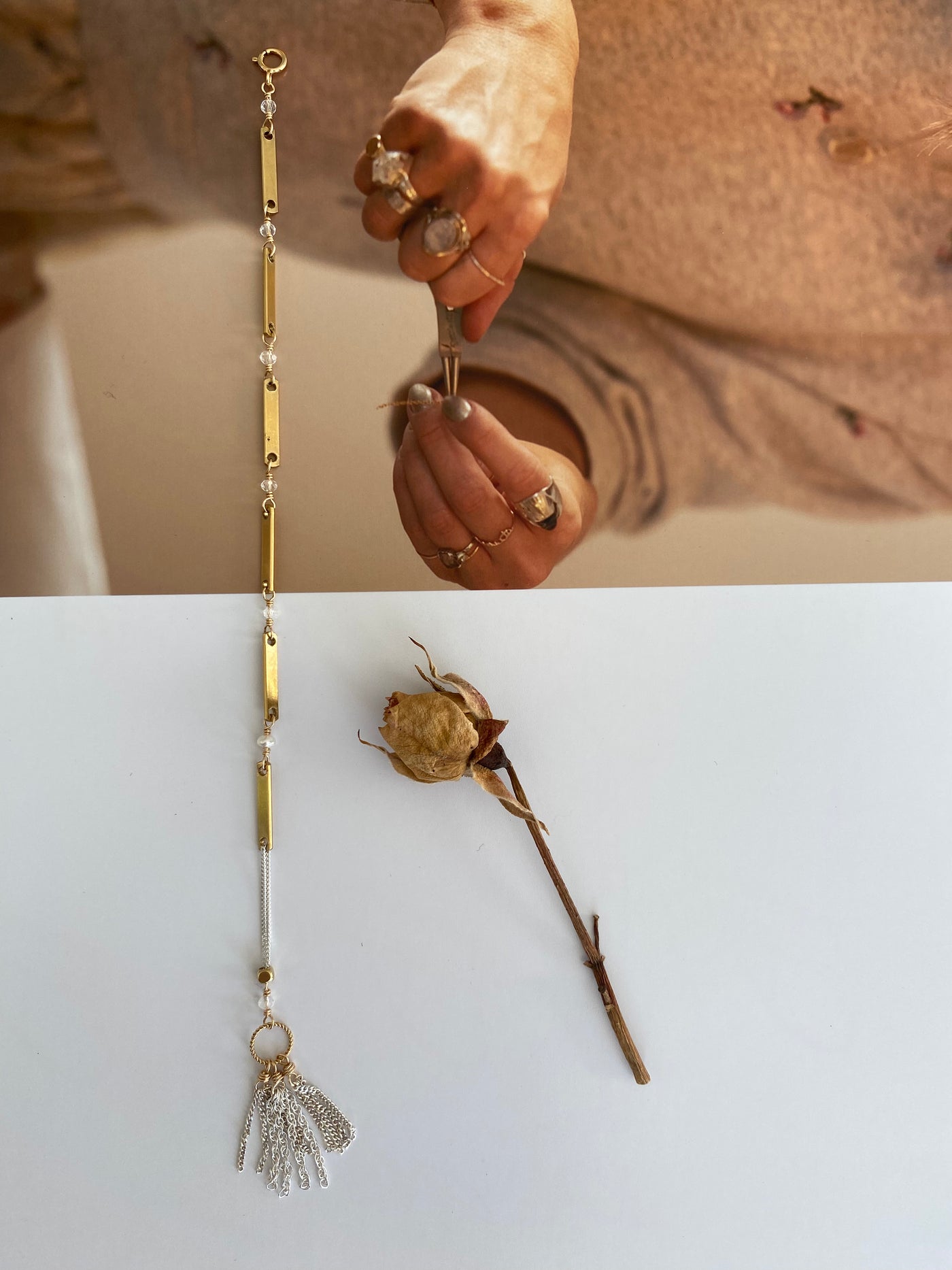 Vintage Brass Chain with Quartz and Pearls