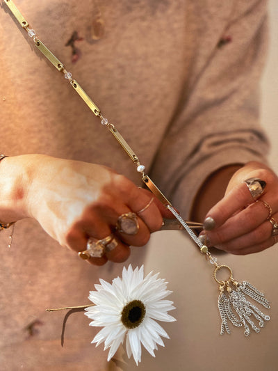 Vintage Brass Chain with Quartz and Pearls